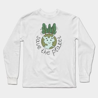 Planet  Earth with smiling face and trees, Save the Planet lettering Long Sleeve T-Shirt